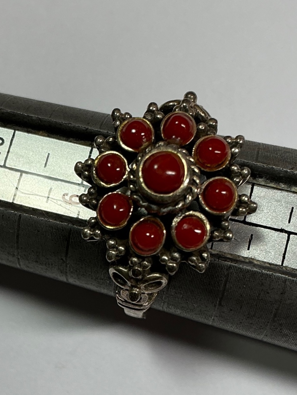 Sterling Silver Red Coral Cluster Ring. Size 6.5
